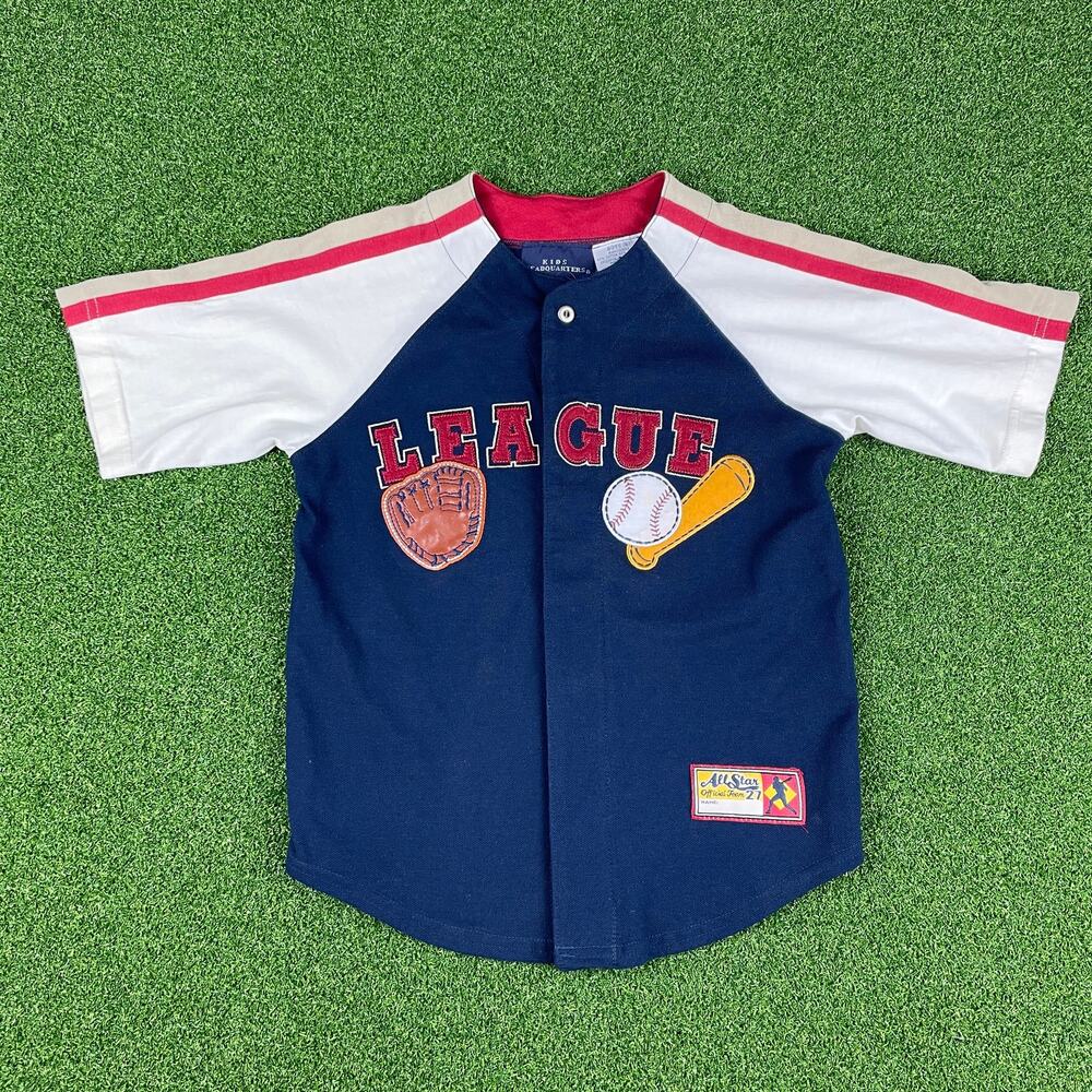 Vintage Kids Headquarters Boys All Star Baseball League Navy Jersey Shirt Sz 6